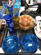 A tray containing 20th century coloured glassware including pair of blue glass baskets,