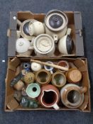 Two boxes containing stoneware kitchen pots, storage jars, glass bottles,