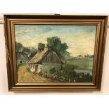Continental school : A thatched cottage by a river, oil on canvas, 40 x 30 cm, framed.