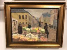Continental school : The flower market, oil on canvas, 43 x 31 cm, signed with initials TTT, framed.