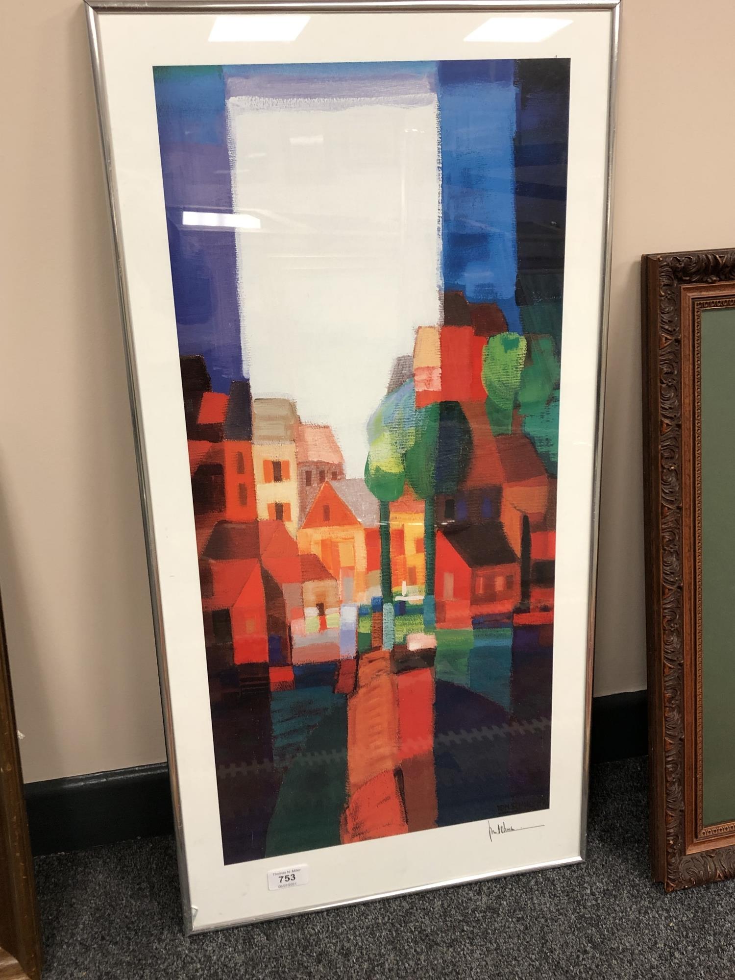 After Tom Schulten : A colour print depicting buildings, 39 x 79 cm, framed.
