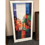 After Tom Schulten : A colour print depicting buildings, 39 x 79 cm, framed.