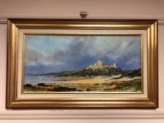 Tom Mcardle : Bamburgh Castle, oil on canvas, 49 x 24 cm, framed.