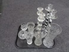 A tray of 20th century glassware including a pair of spiral twist candlesticks, flower vases etc.