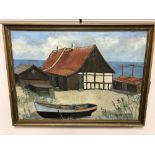 Continental school : A boathouse, oil on canvas, 60 x 42 cm, framed.