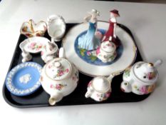 A tray containing assorted china to include Coalport figures, Wedgwood Jasperware, pin dishes,