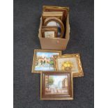 A box of a quantity of framed oils to include mountain landscape, still life,