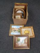 A box of a quantity of framed oils to include mountain landscape, still life,