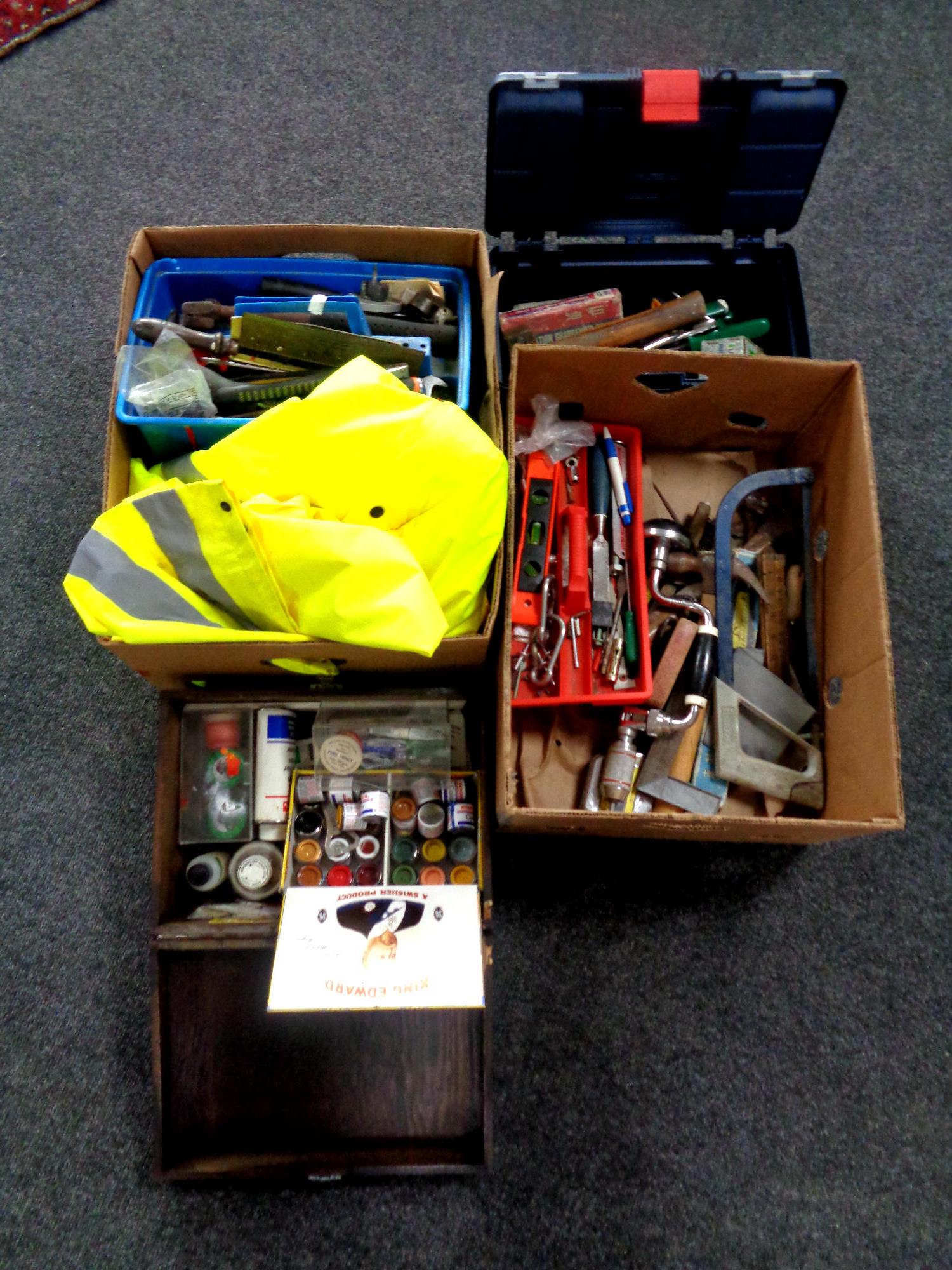 Two boxes containing tool caddies, assorted hand tools, plastic toolbox, high visibility work wear,