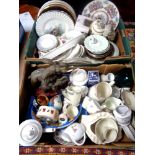 Two boxes of miscellaneous china, glass ware, tea ware,
