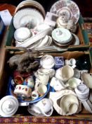 Two boxes of miscellaneous china, glass ware, tea ware,