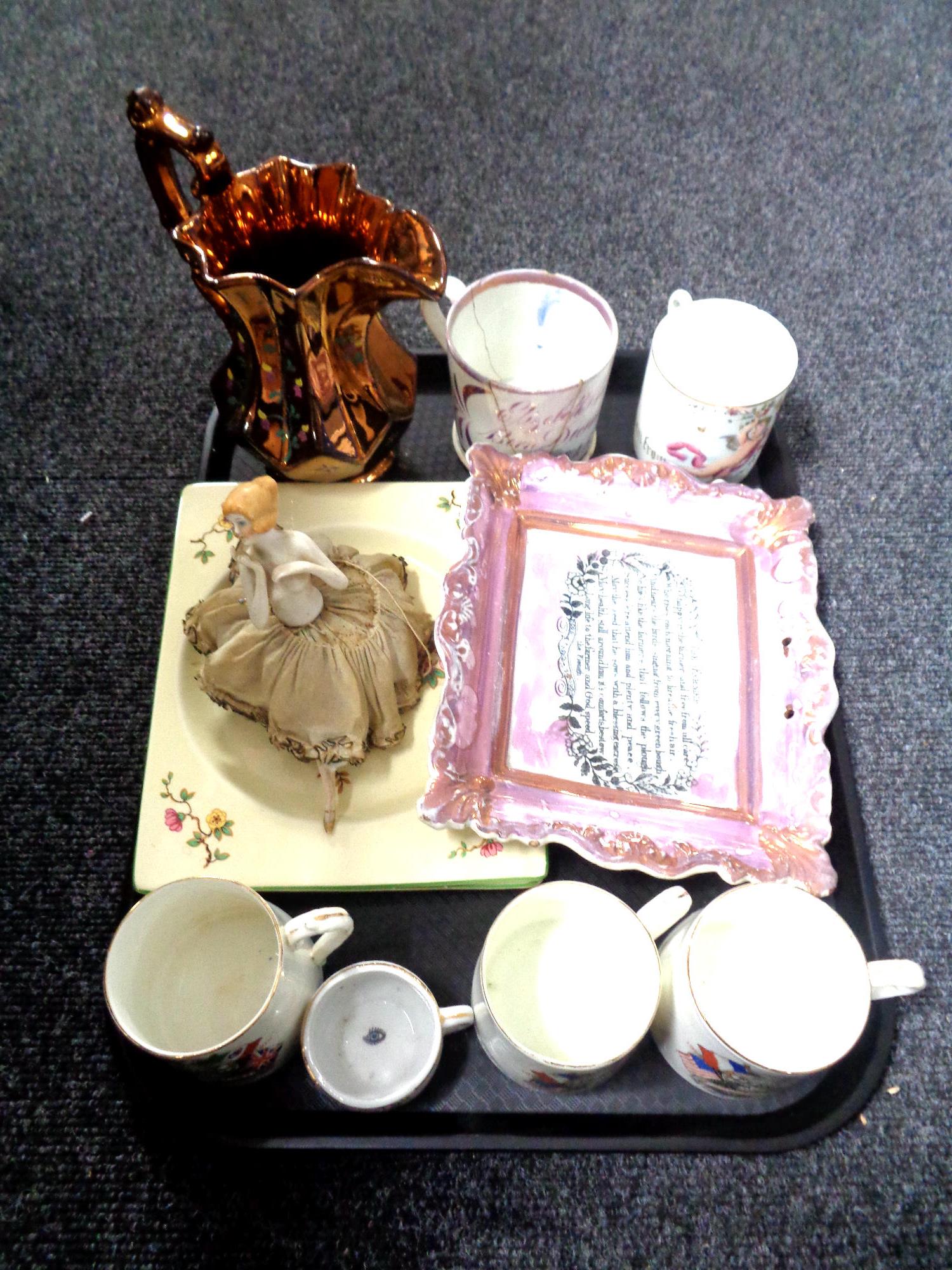 A tray of antique china to include copper lustre jug, lustre shallow dish,