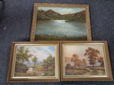 An M. Southern oil on board, figure in a rowing boat on a lake, framed, together with two P.