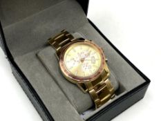 A gent's gold plated Swiss quartz wristwatch, boxed.