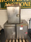 Three stainless steel single door cabinets CONDITION REPORT: Formerly baking ovens,