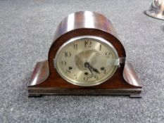 A 1930s oak case Westminster chime mantel clock with silver dial