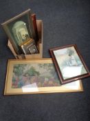 A box containing a collection of assorted contemporary framed prints, tapestries,