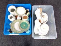 Two boxes containing a pair of ice skates together with assorted china to include Doulton