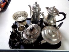 A tray containing plated wares to include a Roundhead leadless pewter teapot and coffee pot,