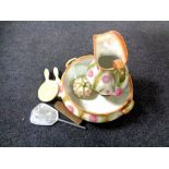 A three piece antique pottery wash set and four assorted dressing table brushes and hand mirrors