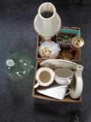 Two boxes containing cutlery, table lamps, water jug, antique meat plate, wash jug, bed pans,