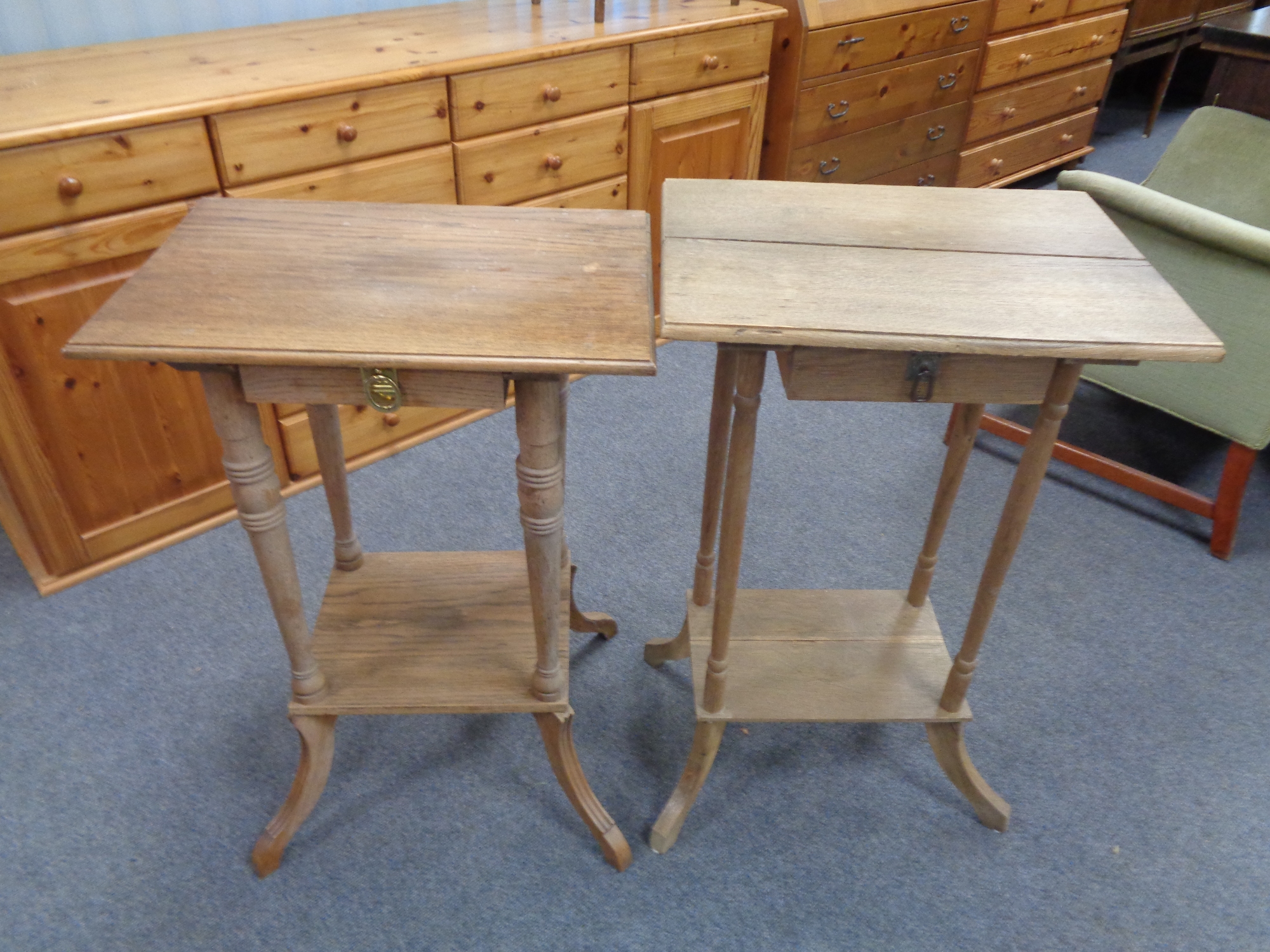 Two continental oak two tier occasional tables,
