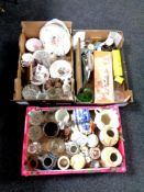 Three boxes containing miscellaneous tea china and glassware to include Ringtons caddies and jug,