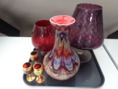 A tray containing assorted glassware to include two 1970s glass vases in the form of brandy glasses,