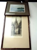 A John J Kerr signed print, Tynemouth Priory, together with a signed antiquarian monochrome etching,