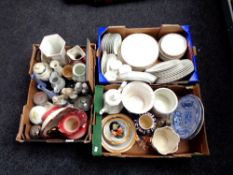 Three boxes containing assorted china and dinnerware to include figurines, Imari jug,