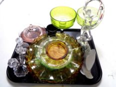 A tray containing antique and later glassware to include Davidson's glass,