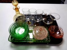 Two trays containing 1930s and later glassware to include trinket trays, decanter, martini glasses,