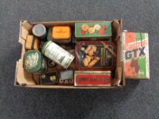 A box containing a quantity of vintage tins to include Players Navy Cut,