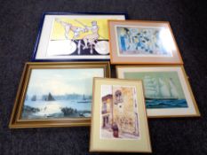 A framed E Thompson print of a tall ship together with four other framed prints