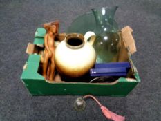 A box containing miscellaneous to include West German vase, a carved wooden figure,