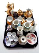 A tray containing assorted china to include an 8 piece Japanese miniature tea service,