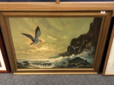 Twentieth Century School : Seascape with Seagulls and Cliffs, oil on board,