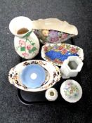 A tray of assorted china to include Maling vases, Aynsley lidded trinket dish, Wedgwood Jasperware,