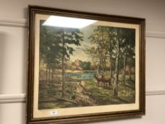 A hand coloured etching depicting woodland,