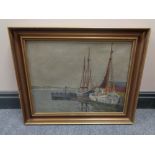 A continental school oil on canvas, fishing boats at dock, indistinctly signed,