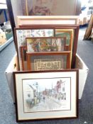 A box containing a quantity of assorted framed pictures and prints to include needlework samplers,