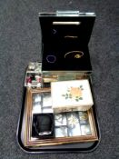 A tray containing assorted jewellery boxes, costume jewellery,