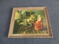 A gilt framed print on canvas 'Sampling the Wine' after Vermeer