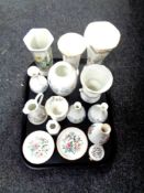 A tray containing cabinet and decorative china to include Aynsley, Portmeirion and Wedgwood vases,