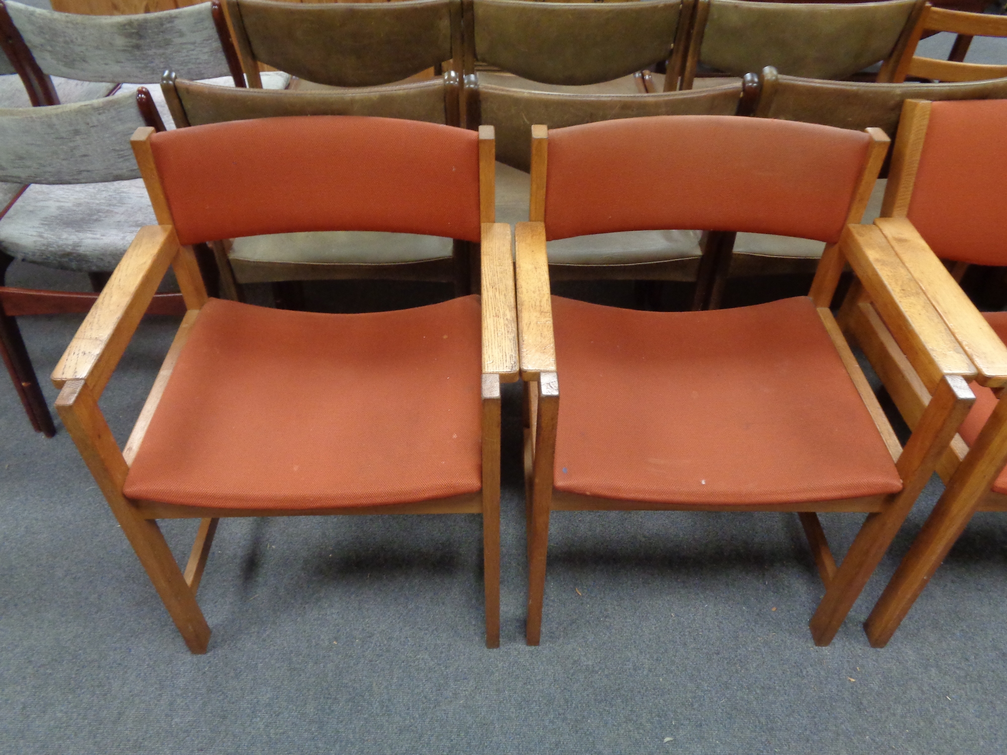 A set of four 20th century Danish armchairs upholstered in a red corded fabric - Image 2 of 2
