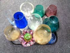A tray containing assorted glassware to include glass paperweights, Venetian glass bowl,
