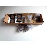 A box of pre decimal coins, foreign coins, American, Ireland, crowns,