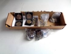 A box of pre decimal coins, foreign coins, American, Ireland, crowns,