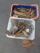 Two plastic crates containing a collection of vintage hammers, paraffin lamps, inspection lamp,