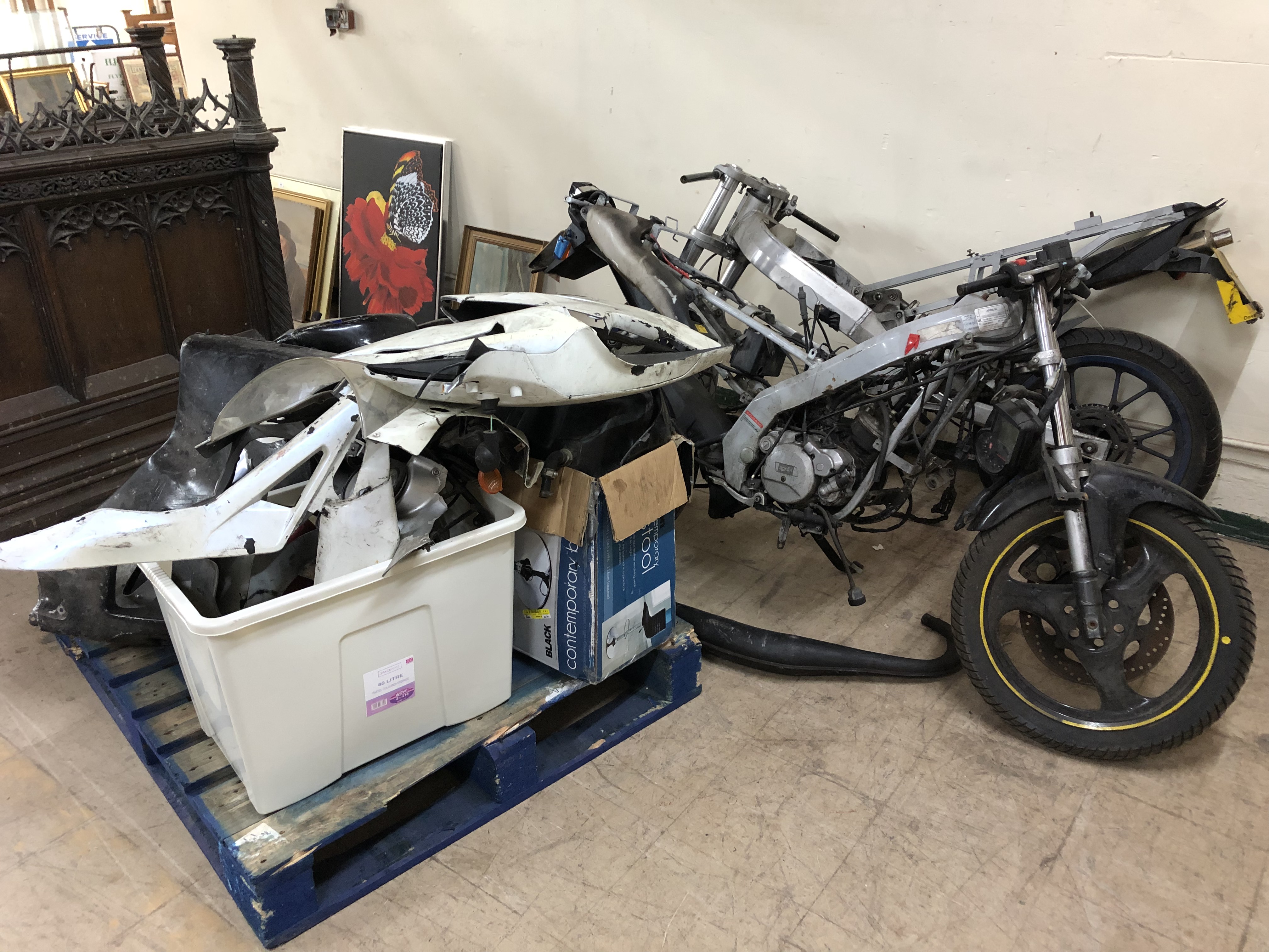 Two dismantled Aprilia motorcycles comprising; RS 50 registration AU56 EXE,